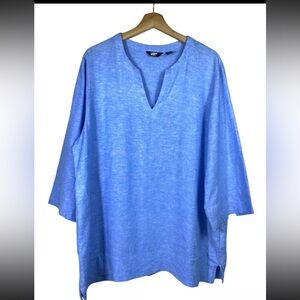 Land’s End Women Blue 3/4 Sleeve Top Size XXL Linen Tunic V-Neck With Pockets